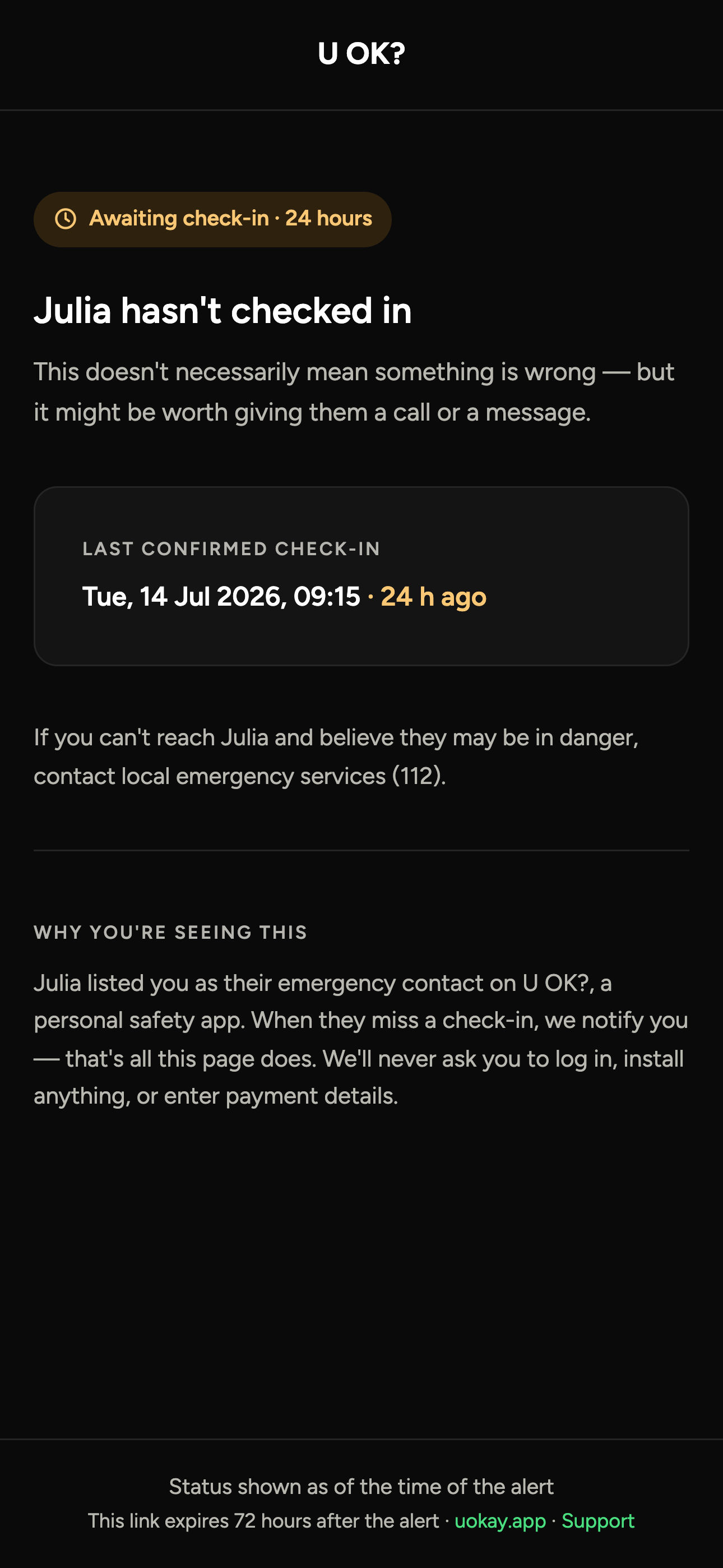 The alert details page the link opens: it shows the person's name and last confirmed check-in time, and expires 72 hours after the alert.